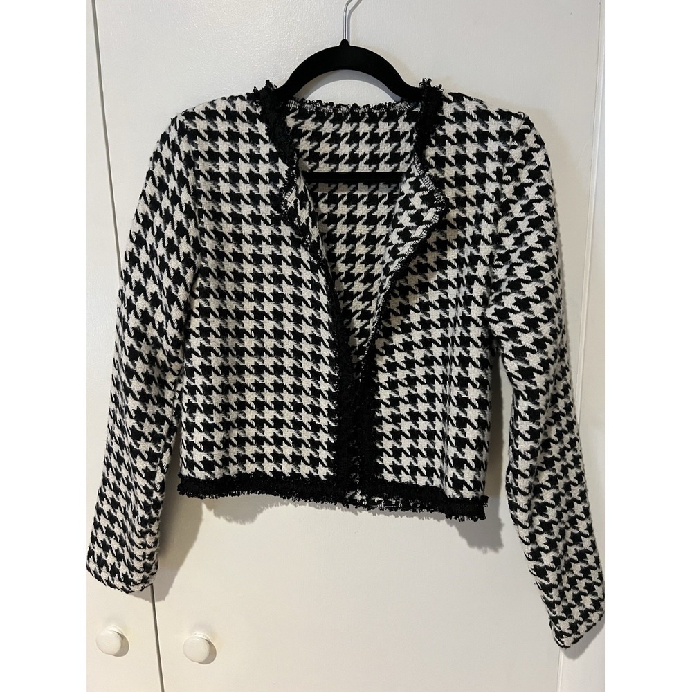 Shein Houndstooth Womens Small Black White‎ Long Sleeve Open Front Sweater